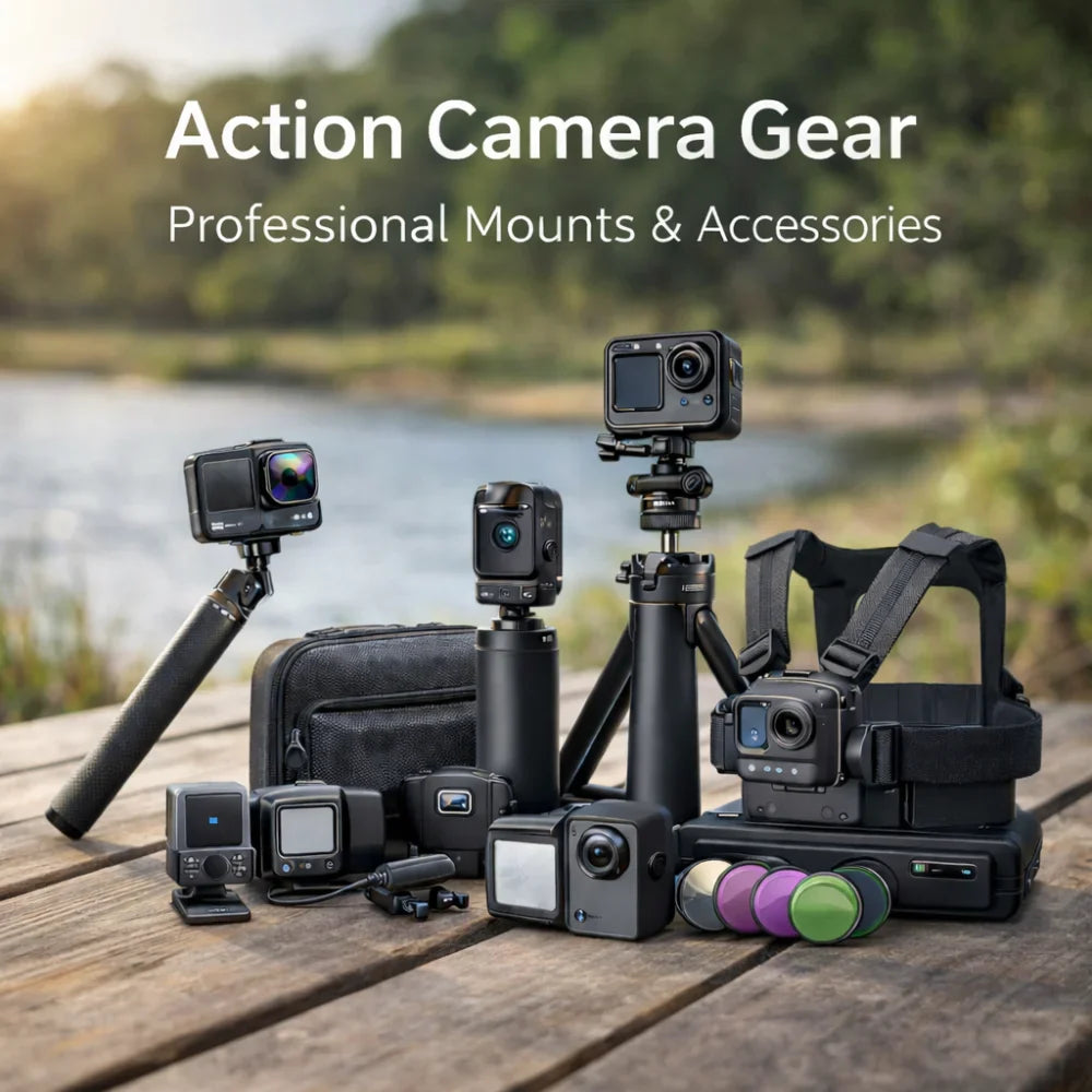 Action camera gear and accessories including mounts, tripod, and filters for GoPro, Insta360, and DJI cameras in an outdoor setup