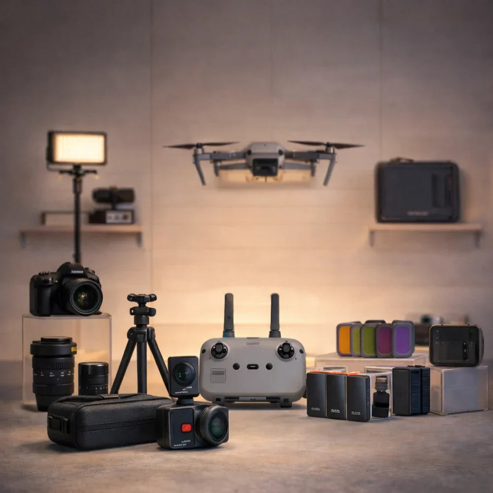 Best selling camera and drone accessories including action cameras, filters, batteries and creator gear in a studio setup