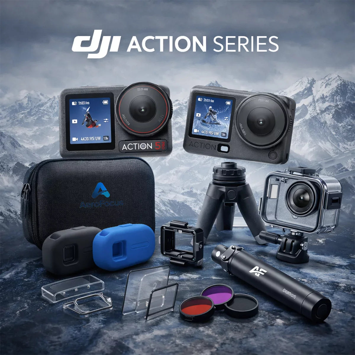 Professional wholesale collection of DJI Action 5 Pro and Action 6 accessories, including metal cages, mounts, and filters by AeroFocus.