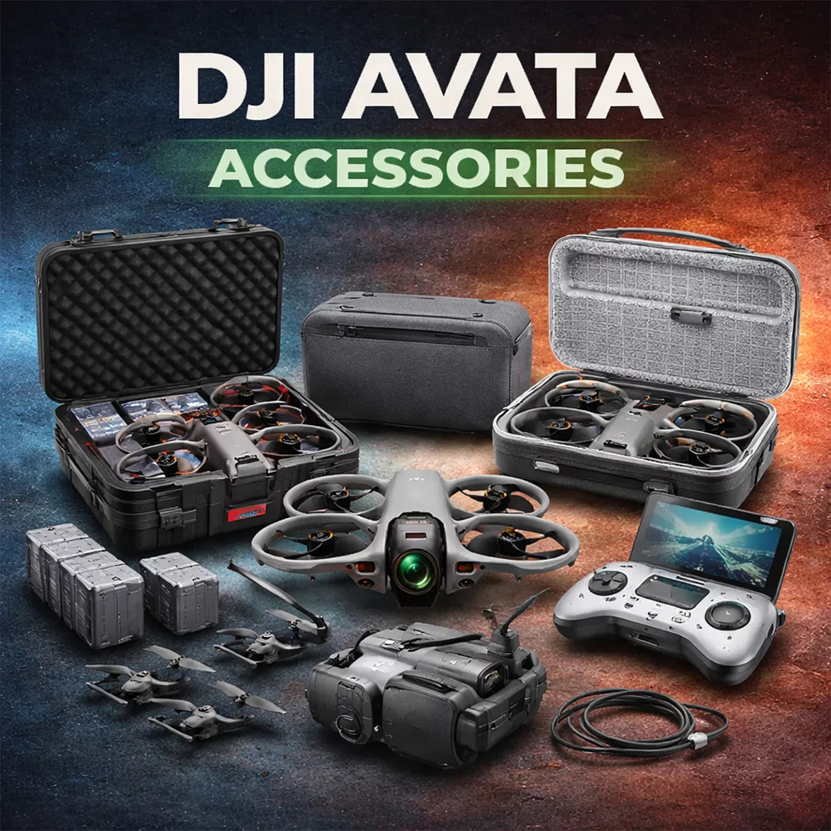 Comprehensive accessory collection for DJI Avata, Avata 2 and Avata 360 including RC2 controller protectors, drone carrying cases, and landing pads by AeroFocus.