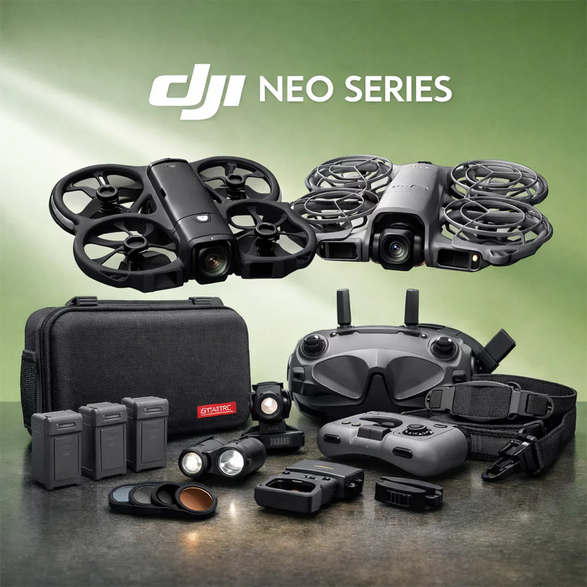 Comprehensive AeroFocus accessory kit for DJI Neo and Neo 2, including propeller guards, battery chargers, and hard cases.
