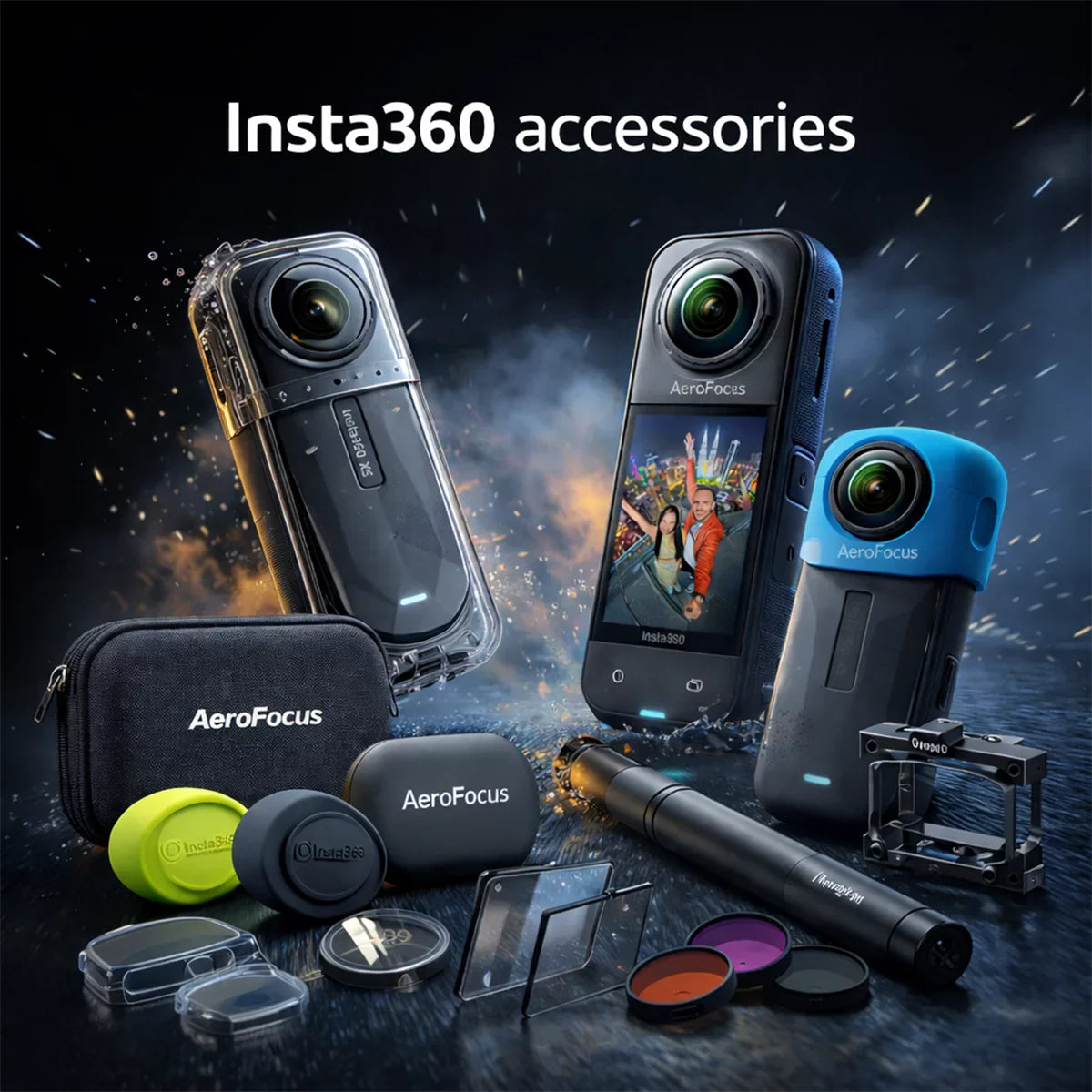 Comprehensive AeroFocus accessory kit for Insta360 X4 and Ace Pro, including selfie sticks, metal cages, and waterproof cases.