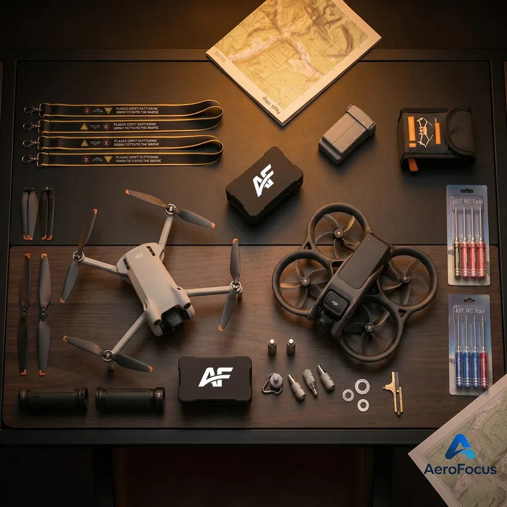 A comprehensive collection of Aerofocus DJI drone accessories featuring waterproof hard cases, portable bags, ND filters, landing pads, and RC controller lanyards for DJI Mavic, Air, Mini, and Neo series.