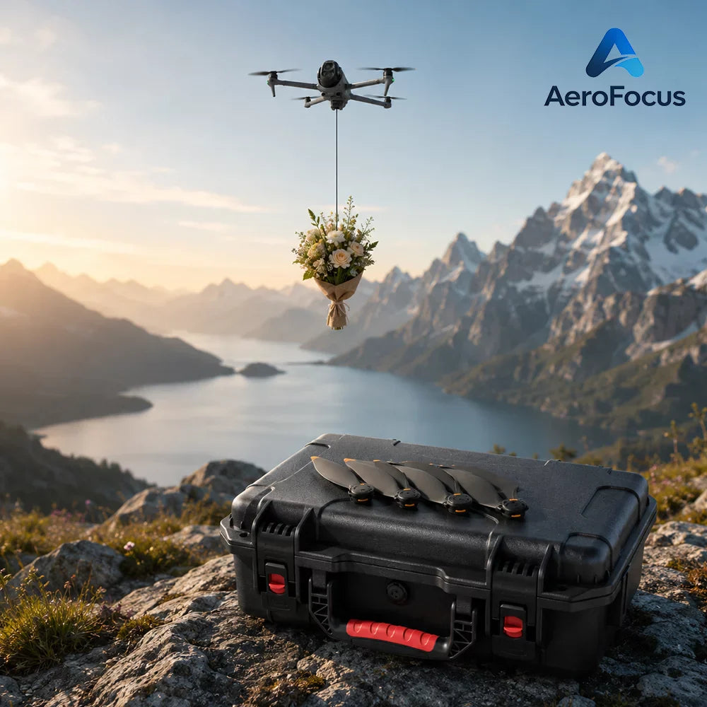 DJI Mavic accessories square cover featuring drone payload release, spare propellers and rugged carrying case