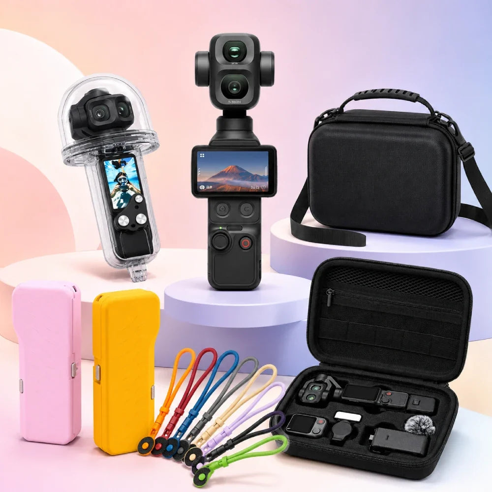 DJI Pocket 4P accessories featuring protective cases, carrying cases, tripods, wrist straps and screen protection