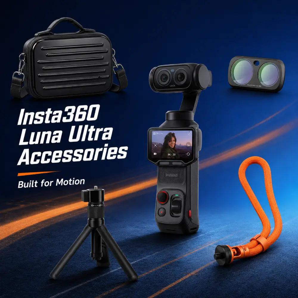 Insta360 Luna Ultra accessories featuring creator kit cases, filters, wrist straps and protective gear