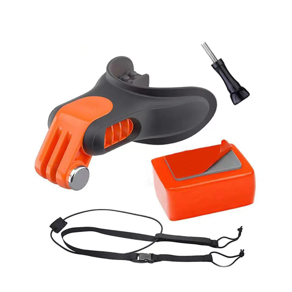 Action camera mouth mount kit including screw mount float and strap accessories