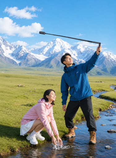 Outdoor lifestyle image of a bullet time selfie stick in use by a couple near a stream and snowy mountains, highlighting the immersive bullet time shooting experience.