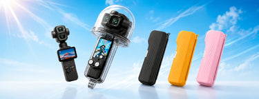 DJI Pocket-style camera with black, yellow and pink protective storage cases on a bright blue background.