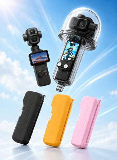 DJI Pocket-style camera displayed with black, yellow and pink carrying cases on a clean sky-blue background.