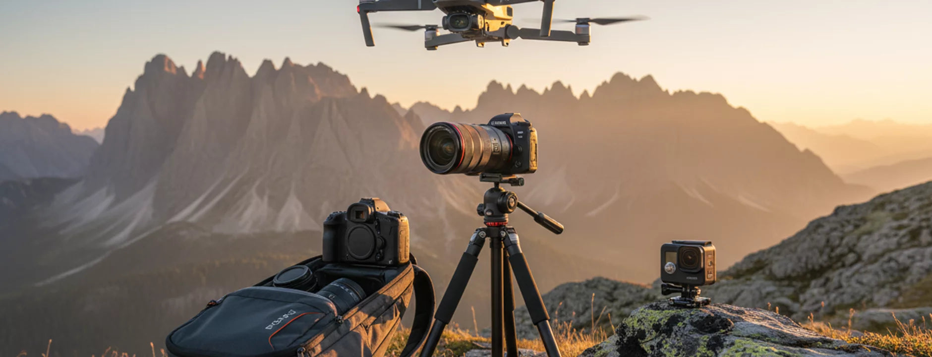 AeroFocus professional drone and action camera accessories collection for creators, featuring DJI and GoPro compatible gear in an outdoor setting.
