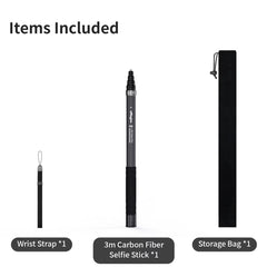 Package includes 3m carbon fiber selfie stick, wrist strap, and storage bag.