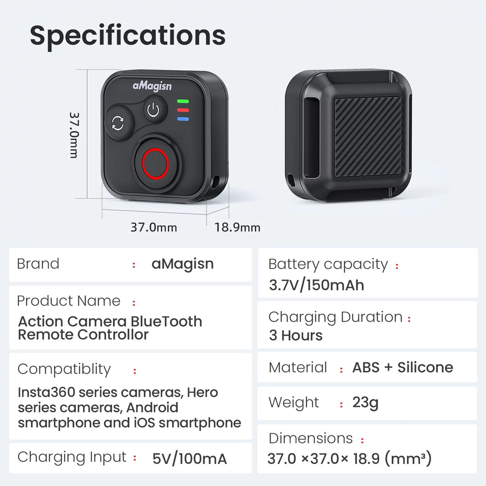 Product specifications and dimensions for aMagisn smart remote.