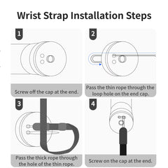 Step-by-step instructions for installing the wrist strap on the aMagisn selfie stick.