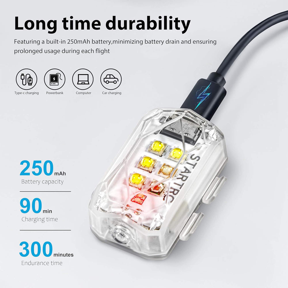 rone strobe light battery life up to 4 hours with 250mAh rechargeable battery