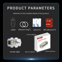 Drone strobe light package contents including strobe light, silicone bands, hook-and-loop straps, 3M adhesive pads, USB charging cable and user manual