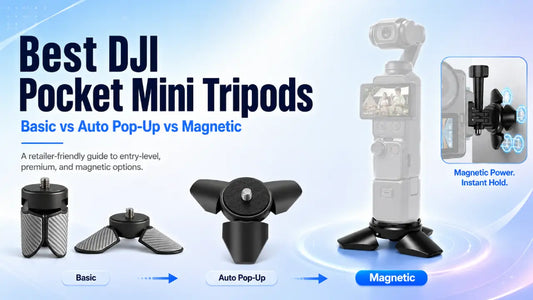 AeroFocus action camera mini tripod buying guide comparing plastic manual, auto pop-up aluminum and magnetic auto pop-up models.