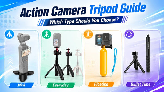 Action camera tripod guide comparing mini tripods, selfie stick tripods, floating tripods and Bullet Time tripods for different shooting scenarios.