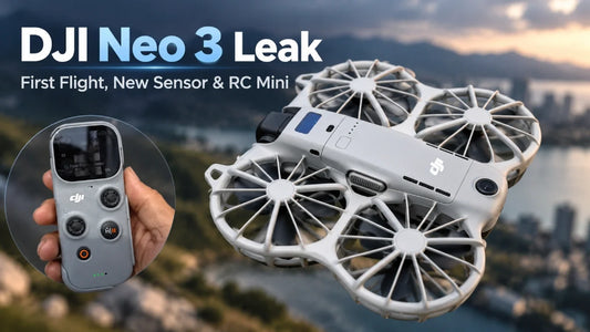 DJI Neo 3 leak cover showing the drone in real-world flight with focus on the first flight footage, new camera system and RC Mini.