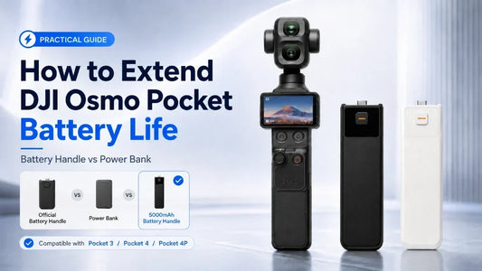 DJI Osmo Pocket battery life guide comparing battery handles and power banks for longer creator shooting sessions.