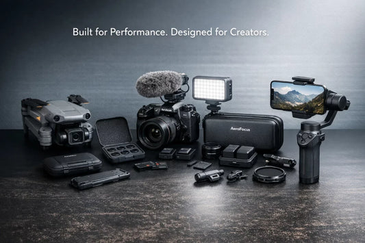 AeroFocus premium drone and camera accessories brand showcasing professional DJI gear and action camera equipment for retail and wholesale customers