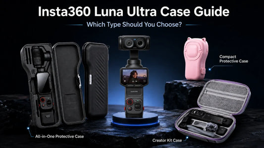Insta360 Luna Ultra case guide comparing compact protective cases, all-in-one storage cases and creator kit cases for different carrying needs.