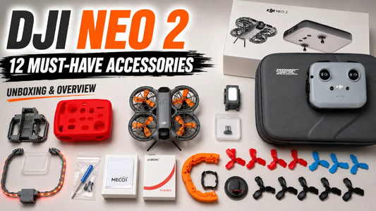 2026 DJI NEO 2 accessories guide featuring carrying case, floating propeller guard, LED lights, landing gear, filters, propellers and RC-N3 accessories for beginners and creators.