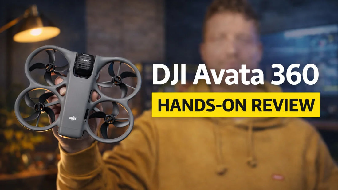DJI Avata 360 drone hands-on review thumbnail with blurred background and indoor studio lighting