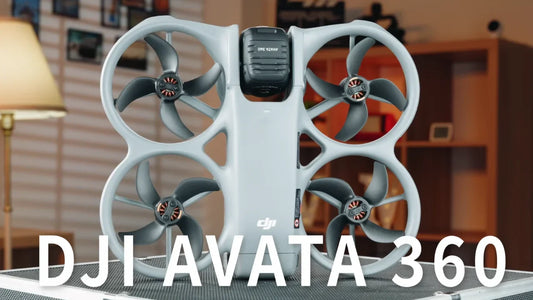 DJI Avata 360 FPV drone flying in a scenic landscape, capturing immersive 8K panoramic footage.