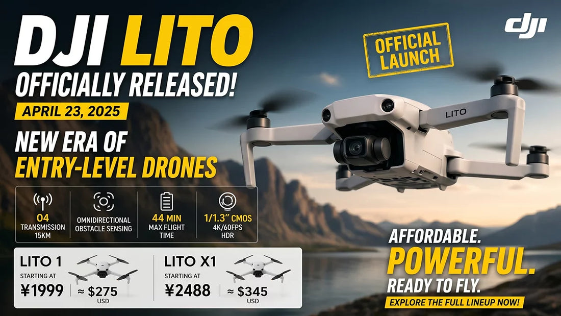 Official DJI LITO release poster showing key specs like O4 transmission and 52 min flight time.