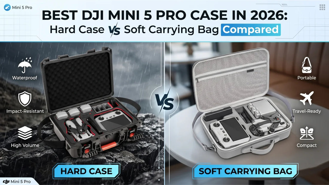  A professional DJI Mini 5 Pro case and portable bag placed on a rock during an outdoor hike