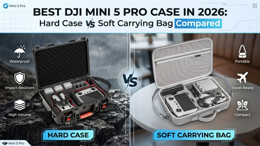 A professional DJI Mini 5 Pro case and portable bag placed on a rock during an outdoor hike