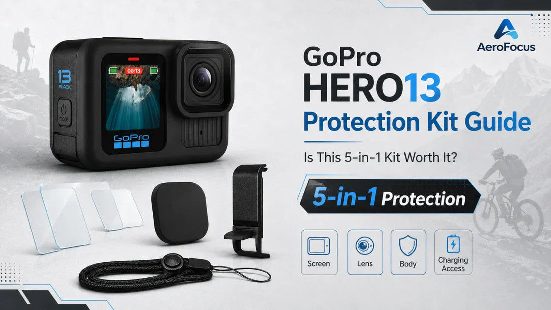 2026 GoPro HERO13 protection kit guide showing a silicone case, tempered glass protectors, lens cap, charging side door and safety lanyard.