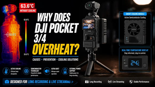 DJI Pocket 3 and Pocket 4 overheating solution featuring external cooling fan with real-time temperature display for livestreaming and extended recording sessions.
