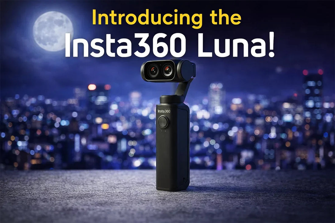 Leaked high-resolution photo of the Insta360 Luna handheld gimbal camera featuring its groundbreaking dual-lens system and compact modular design, displayed in a desktop studio setting.