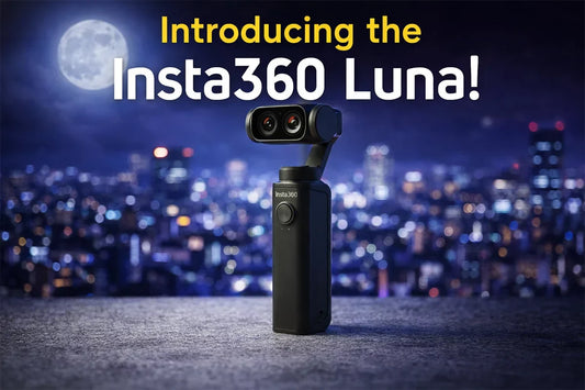 Leaked high-resolution photo of the Insta360 Luna handheld gimbal camera featuring its groundbreaking dual-lens system and compact modular design, displayed in a desktop studio setting.