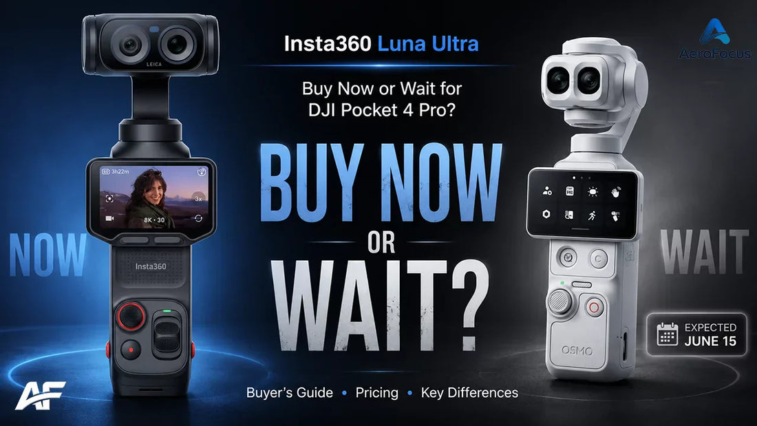 Insta360 Luna Ultra buyer’s guide cover comparing whether creators should buy now or wait for DJI Osmo Pocket 4 Pro.