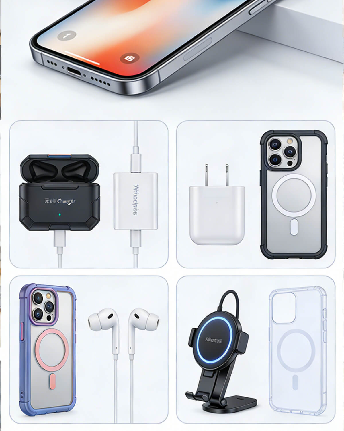 Phone accessories including mounts, filming gear, and charging solutions