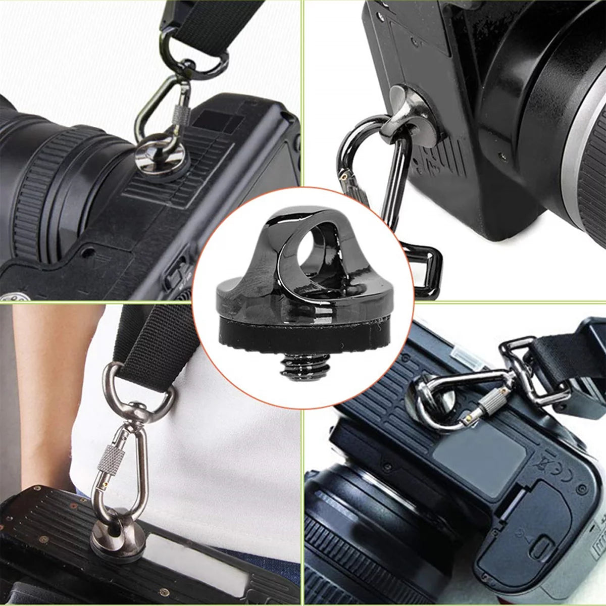 Compatibility guide showing the screw fits Sony, Canon, and action cameras.