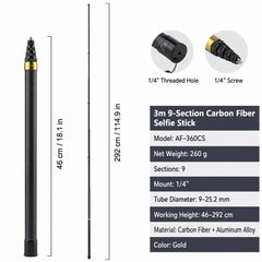 3M carbon fiber selfie stick dimensions weight and telescoping specifications