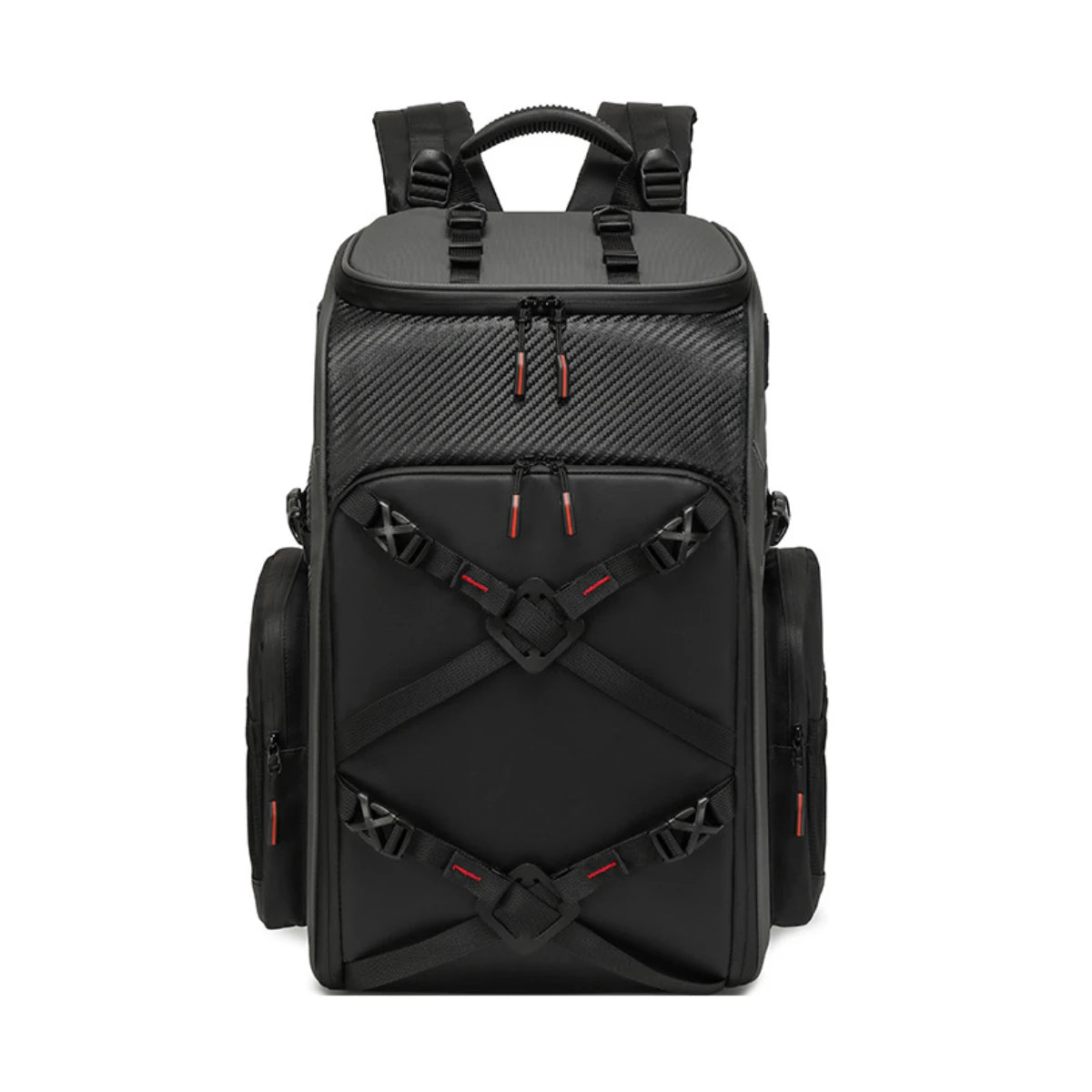 Black 40L FPV drone and camera backpack on white background