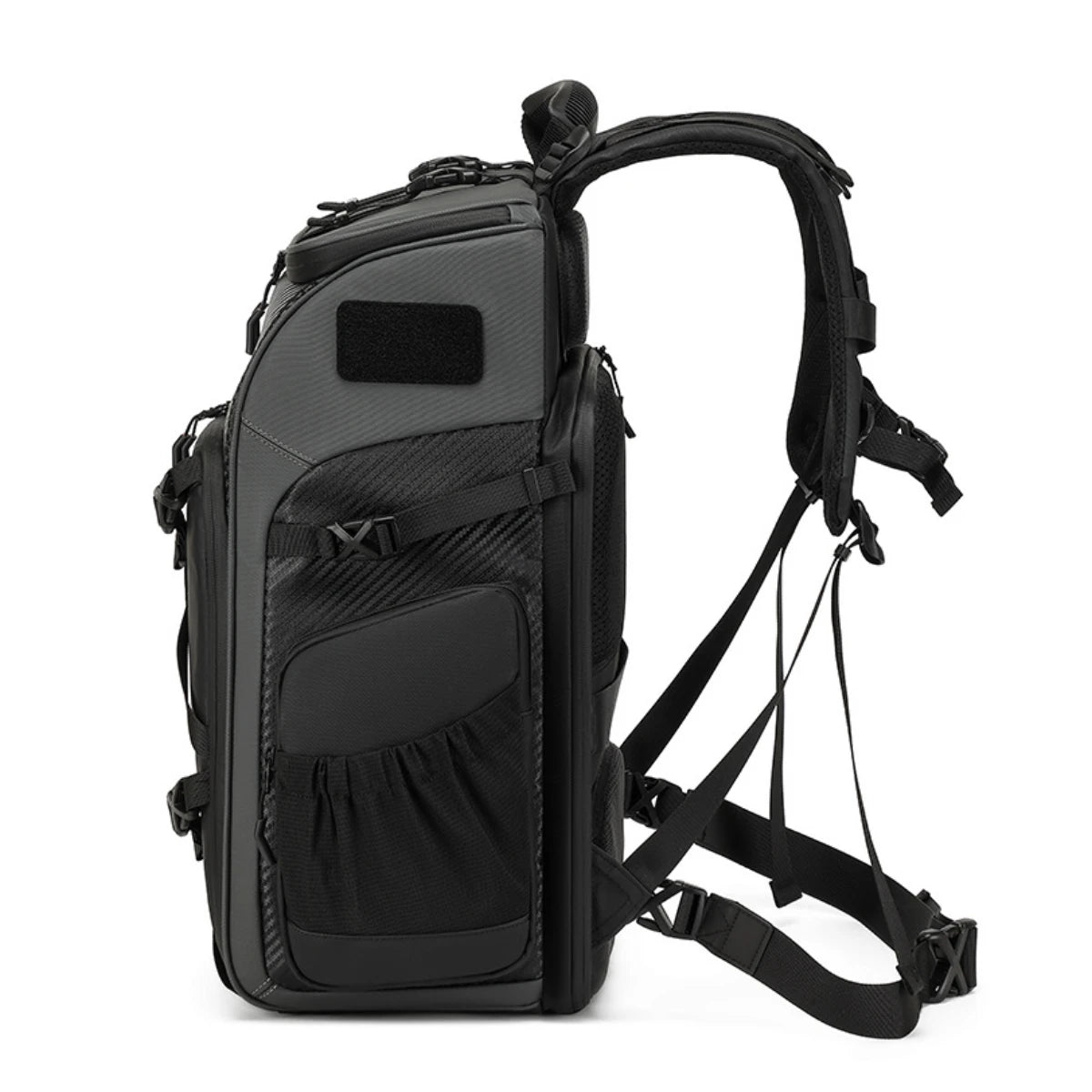 40L FPV drone and camera backpack side view with side storage pocket