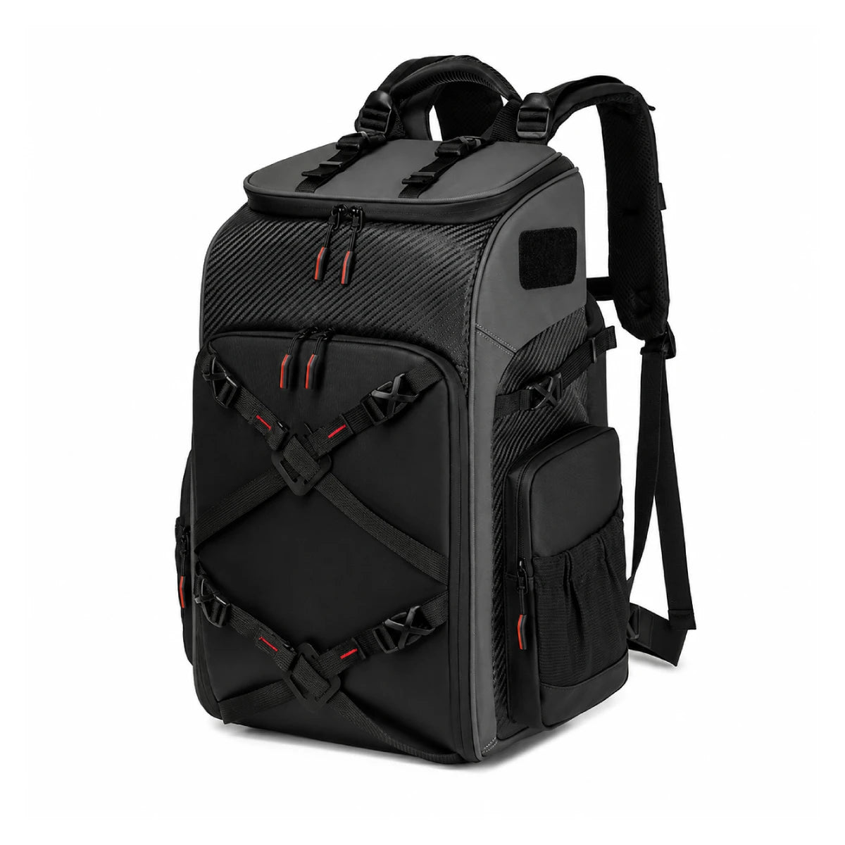 Black 40L FPV drone and camera backpack on white background