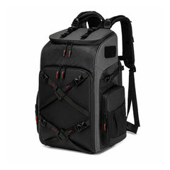Black 40L FPV drone and camera backpack on white background
