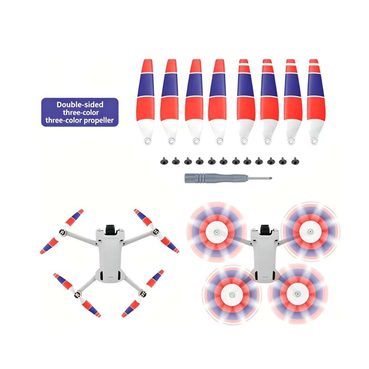 Patriotic white, red, and blue tri-color propellers for DJI Mini 4 Pro.