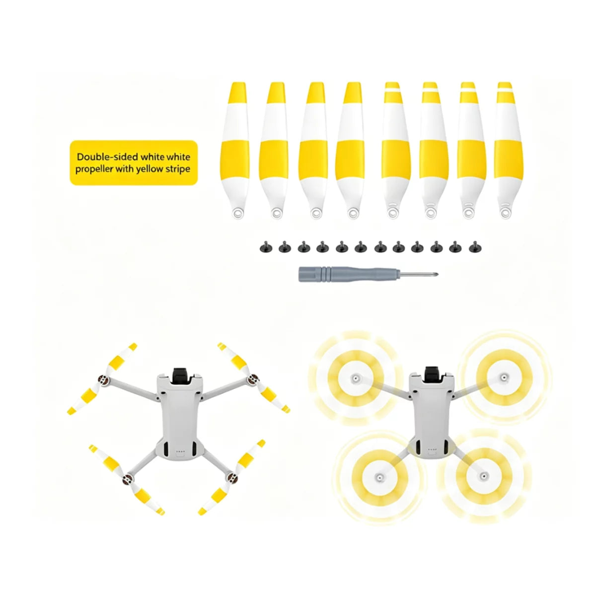 Yellow and white dual-color replacement propellers for DJI Mini series.