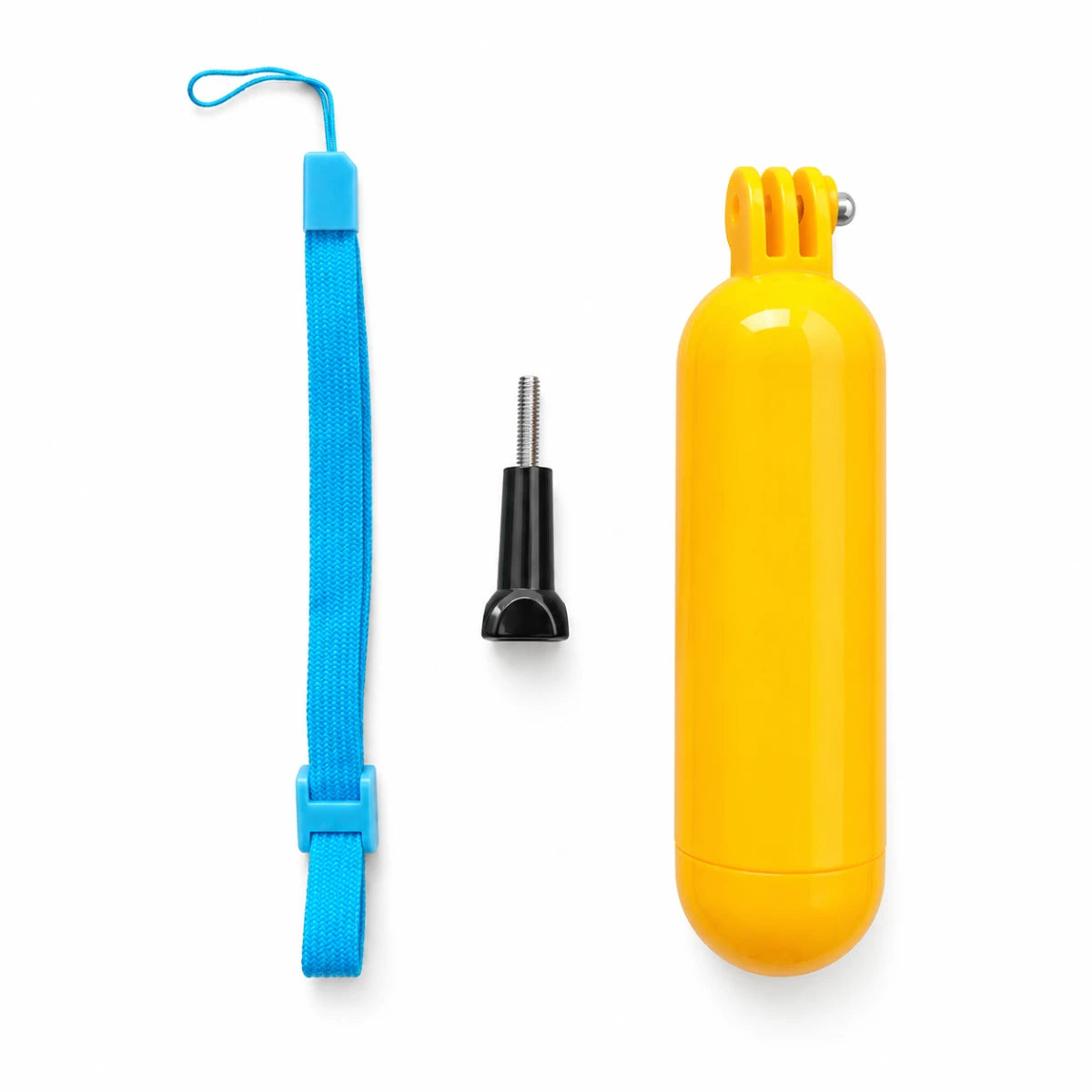 Action camera floating hand grip package contents with wrist strap and long thumb screw