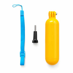 Action camera floating hand grip package contents with wrist strap and long thumb screw