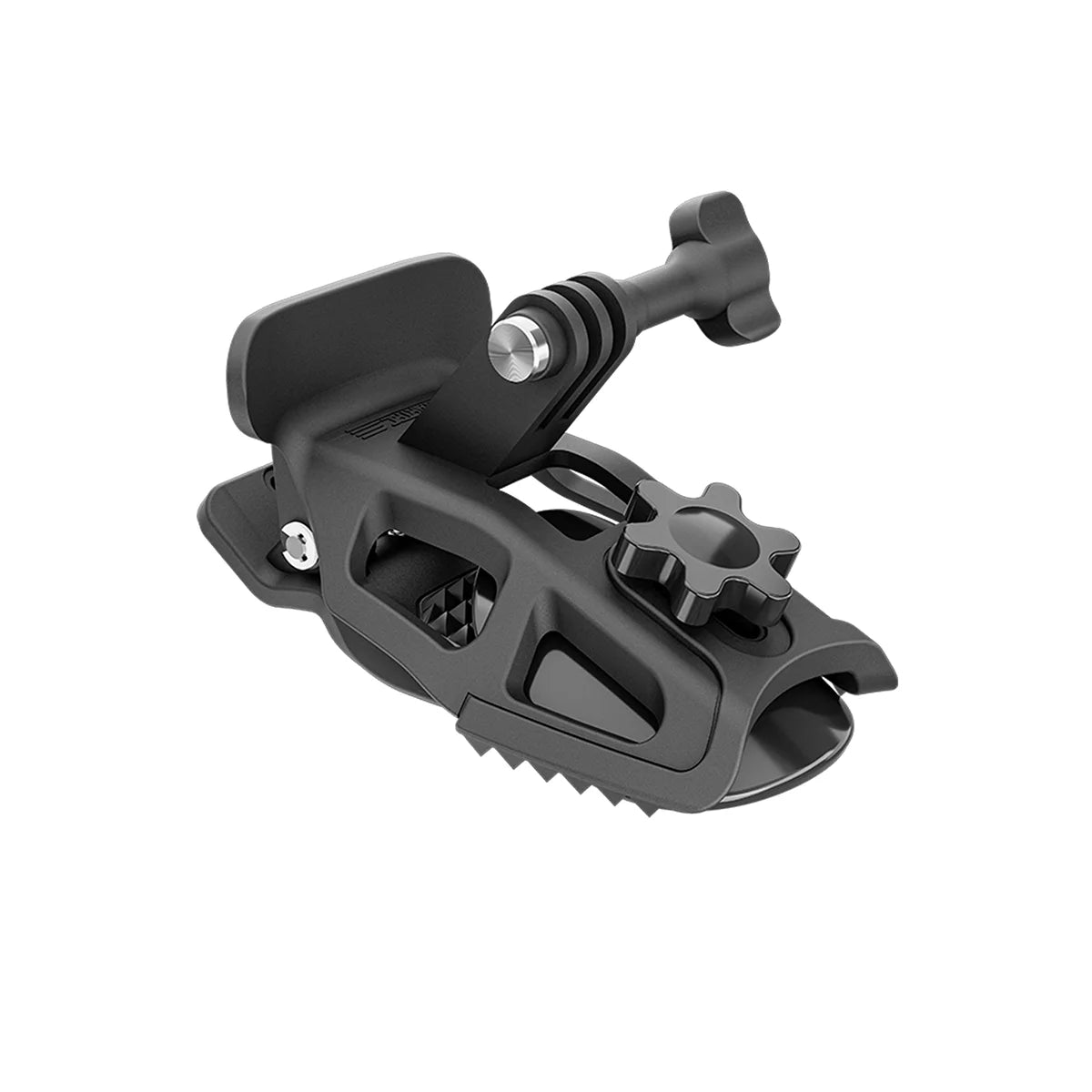 Front view of the aerodynamic helmet camera mount for high-speed riding.