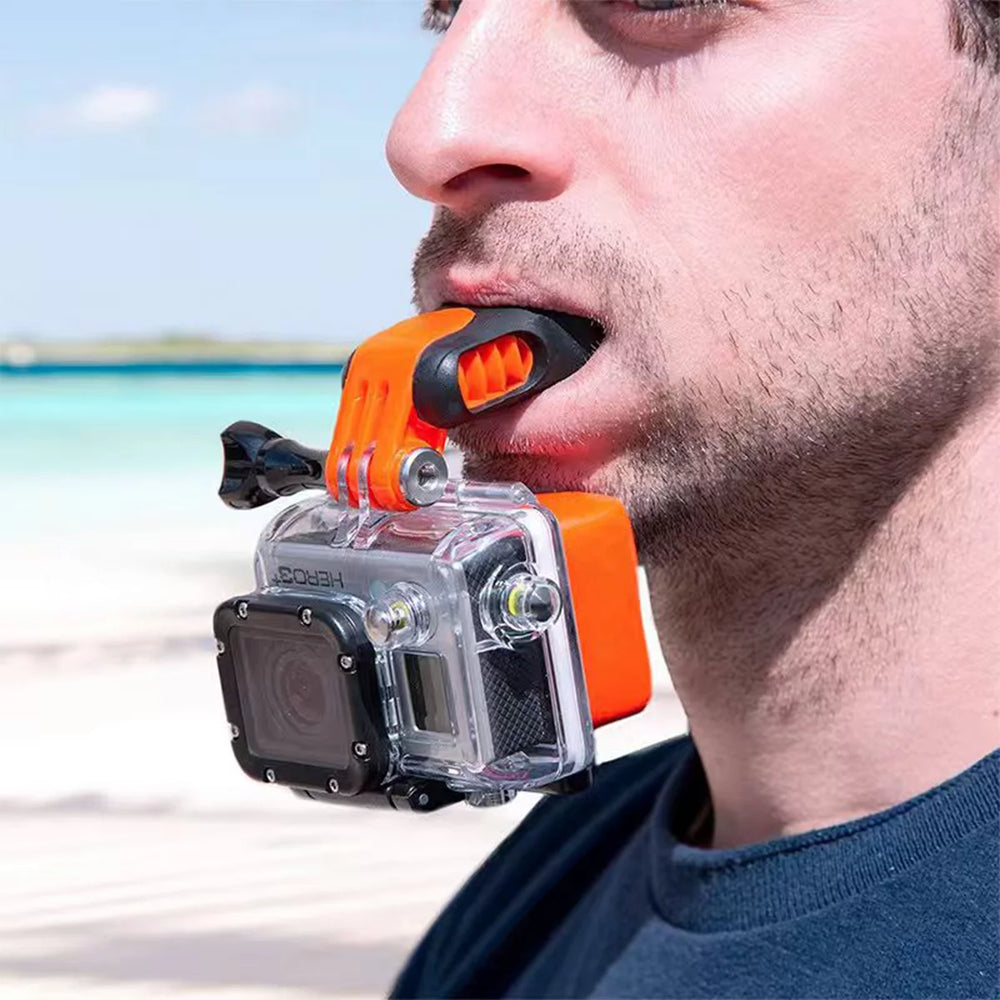 Wearing action camera mouth mount for hands free POV filming